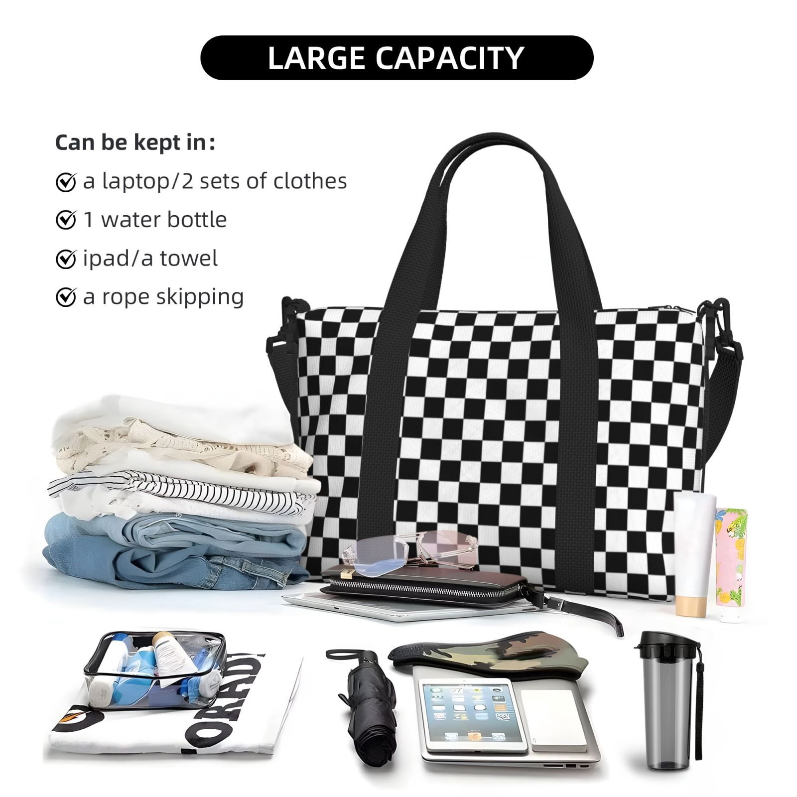 Travel Duffel Bag Black White Checkered Pattren Sports Tote Gym Bag Shoulder Weekender Overnight Bag For Women Men