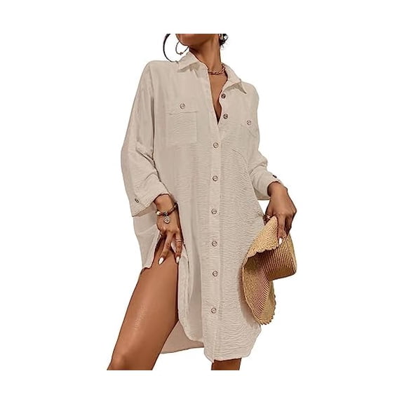 Womens Modern Swimsuit Cover Up Blouse Button Down Shirt Dresses Tops