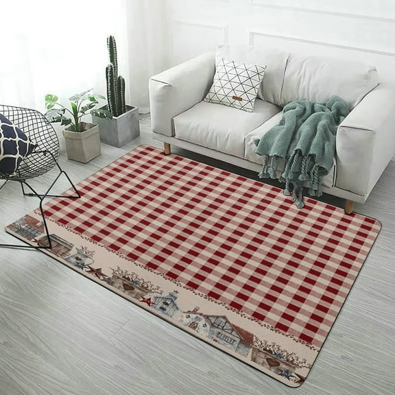 American Country Star Retro Red Checked Plaid Carpet for Home Decoration Soft Comfy Rugs for Bedroom Living Room Bathroom Entrance Non-slip Comfort Mat