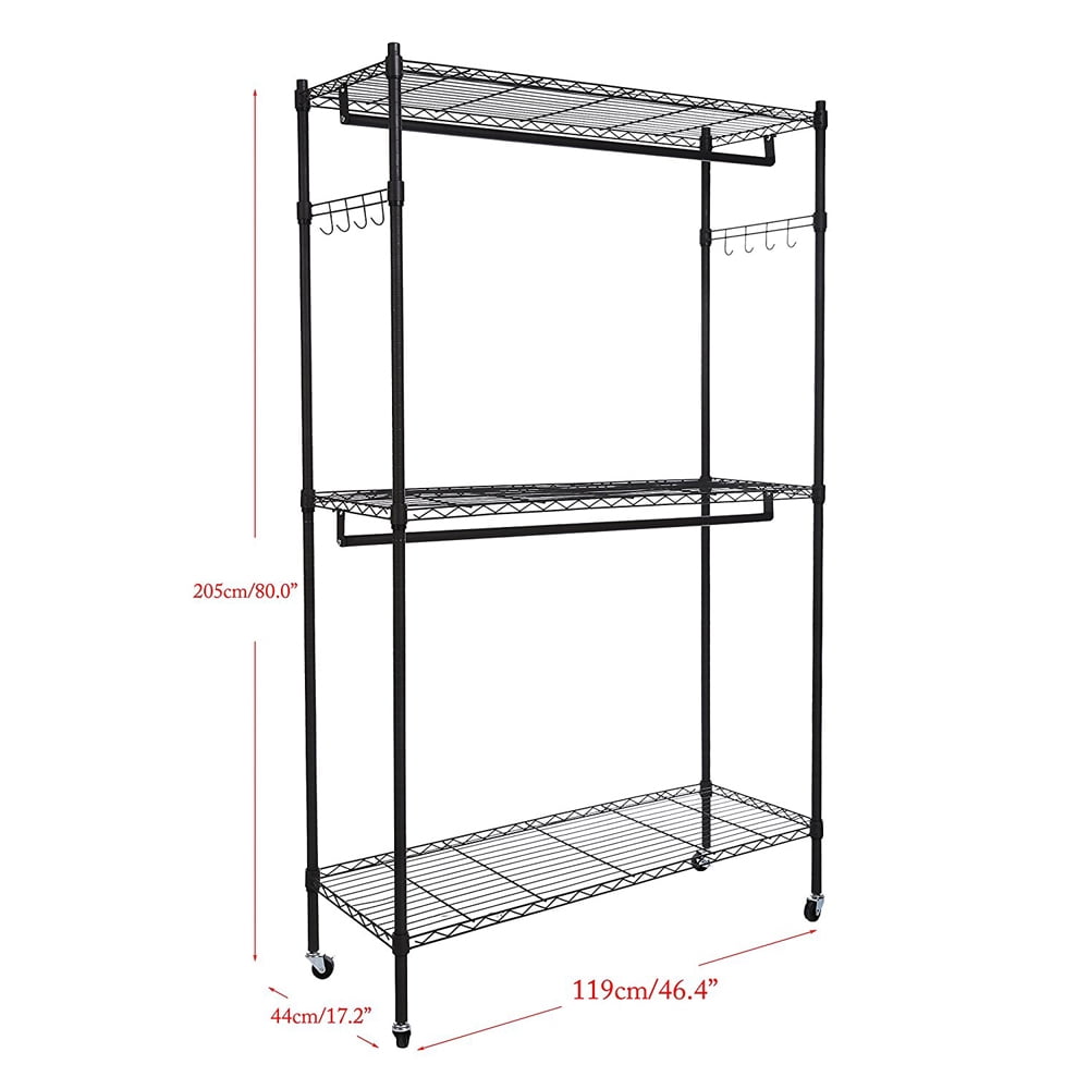 Kepooman 2 Tier Rod Clothes Garment Rack, Clothes Storage Hanger Shelf Hooks, Black