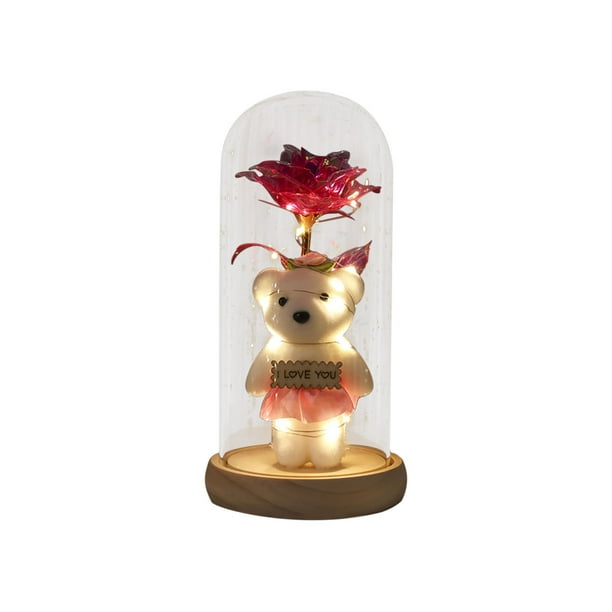 Specollect 2 Pcs Rose Flower Dome Night Light with LED, Romantic Home Decor Gift for Women, Preserved Real Rose and Teddy Bear, Warm White Lights for Bedroom Desk Decoration