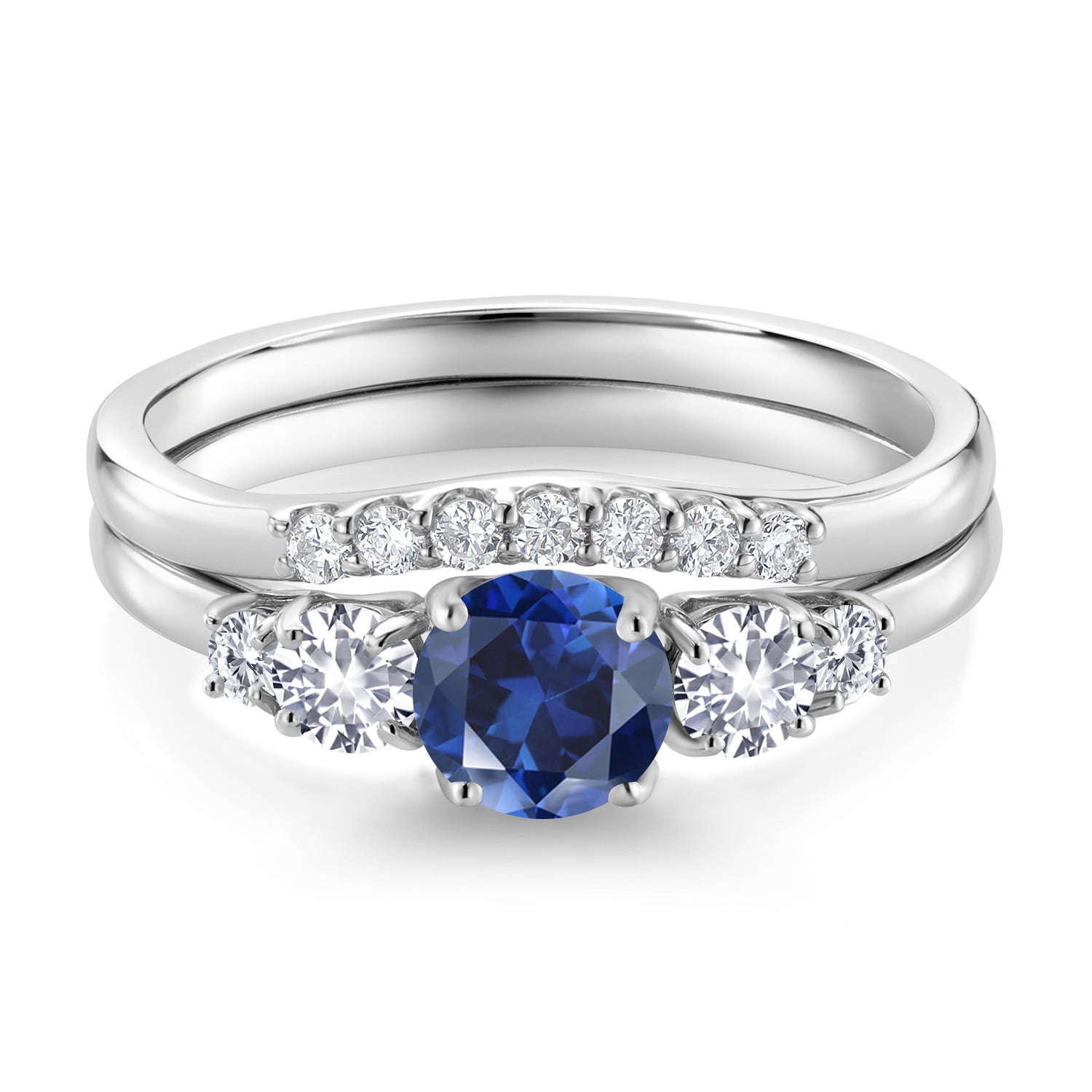 Gem Stone King 10K White Gold Blue Created Sapphire White Created Sapphire and White Lab Grown Diamond 5 Stone Bridal Engagement Wedding Ring Set for Women | 0.97 Cttw | Size 5, 6, 7, 8, 9 | Size 9