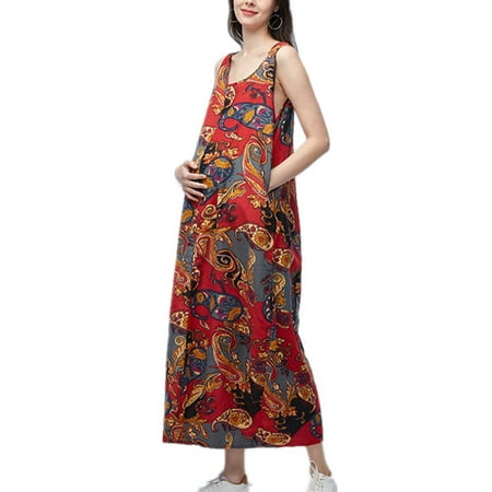 Vintage Pattern Pinafore - Maternity Dress Vintage Pattern Sleeveless O-Neck Comfy Long Dresses