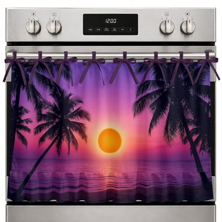 Farmhouse Oven Skirt Curtain Purple Orange Beach Oven Curtain Ocean Coastal Summer Tropical Coconut Tree Palm Stove Skirt Curtains with Ties&Ruffle Trim Dishwasher Skirts Curtains 30 x21.5