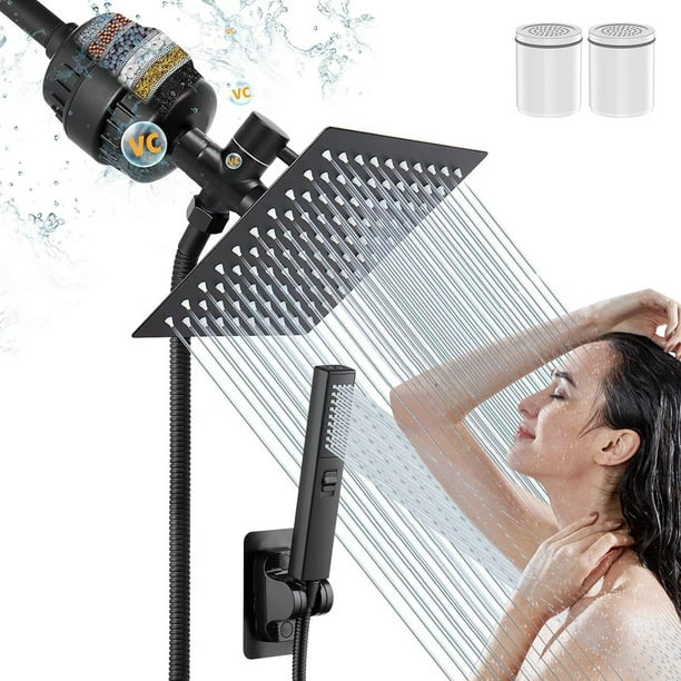 Regadera para Baño con Filtro, 10" Combo de Cabezal de Ducha de Lluvia de Alta Presión con Ducha de Mano, 2 Cartuchos Filtro Reemplazables, Manguera de 1,5 Metros y Todos Los Accesorios, Negro