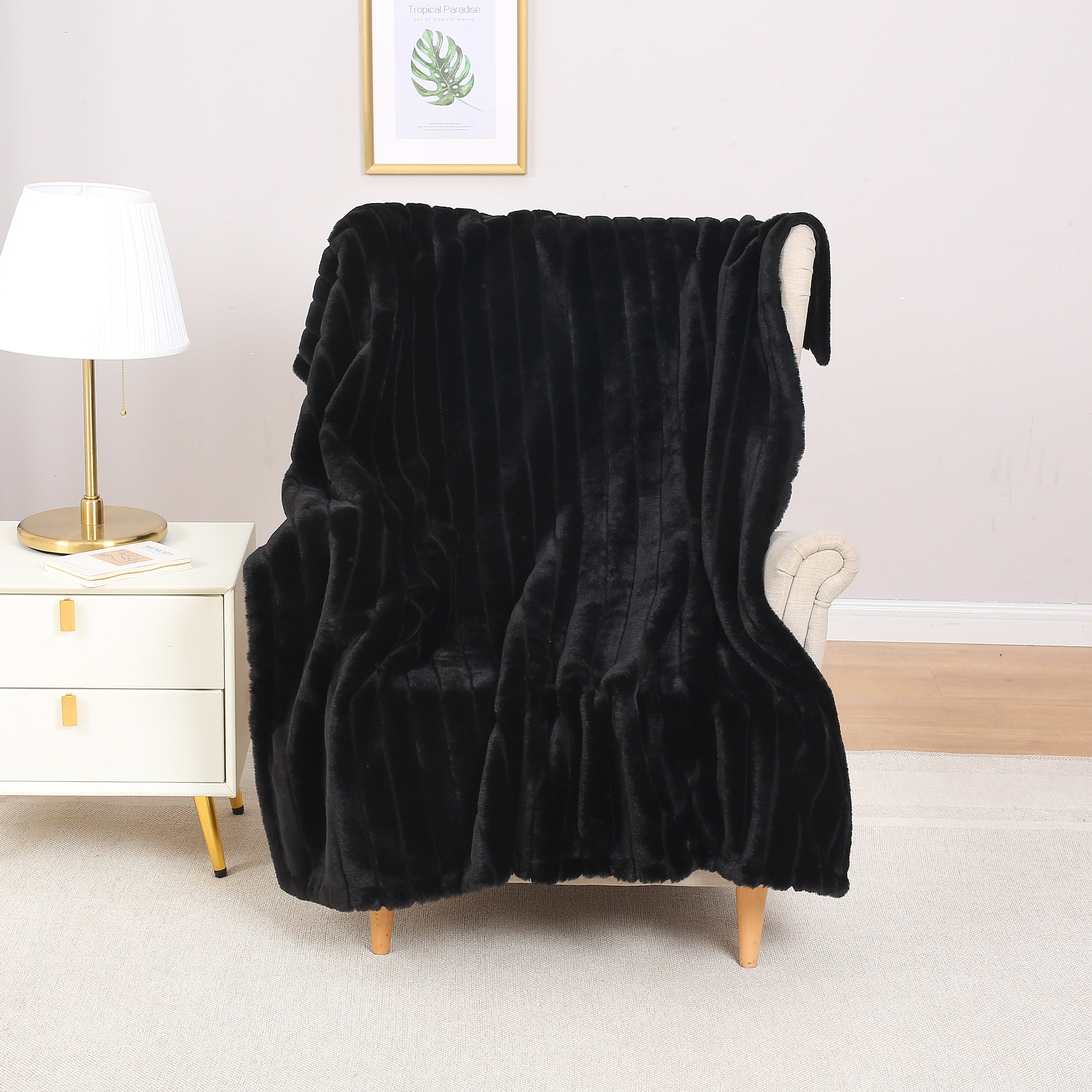 Mainstays Striped Faux Fur Couch Throw Blanket, Black, 50 x 60 in