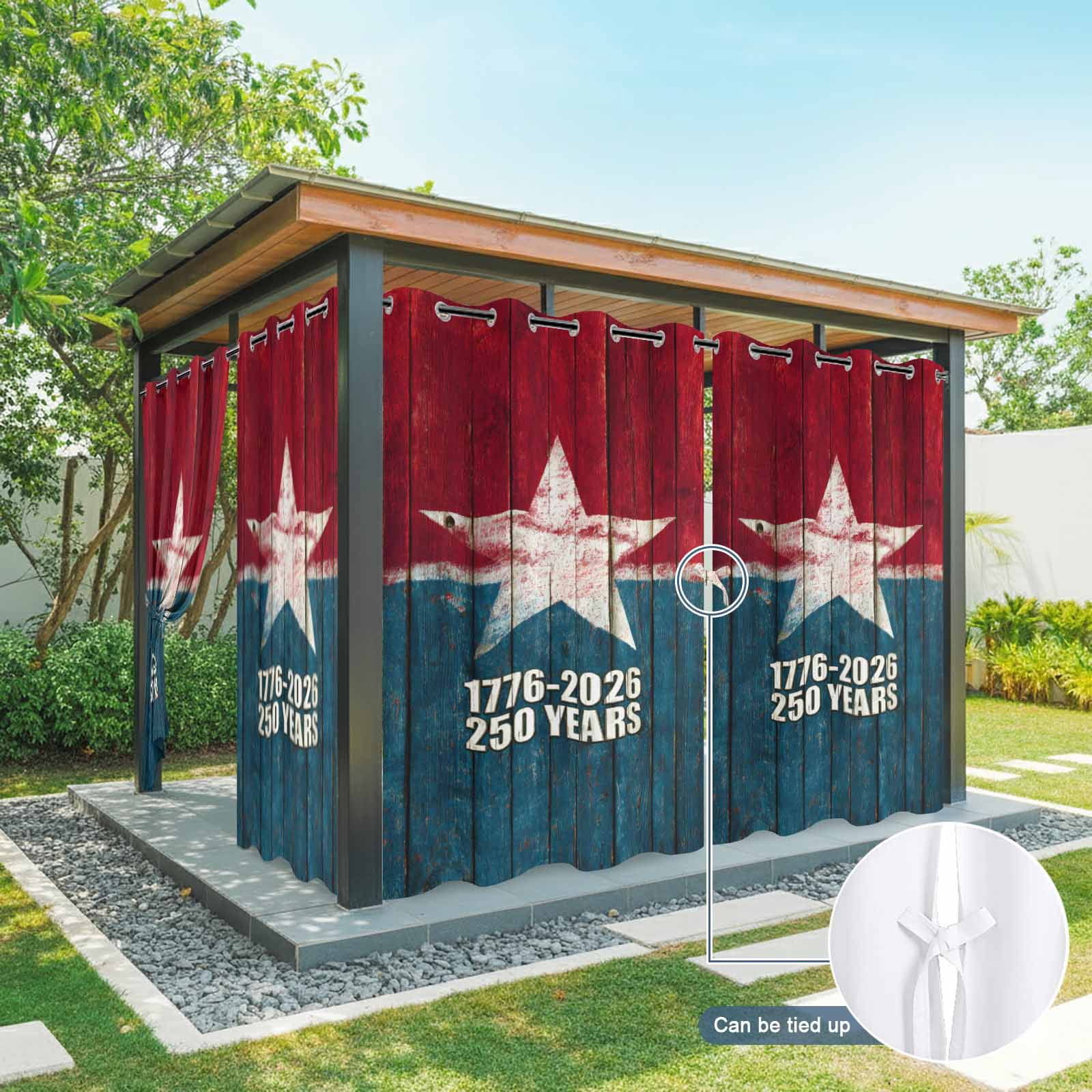Years Independence Day Outdoor Curtains for Patio, USA Flag Retro Wood Grain Star Sunshade Privacy Drapes Grommet Waterproof Outside Curtains for Porch/Cabana/Balcony 54"x 108", 1 Panel