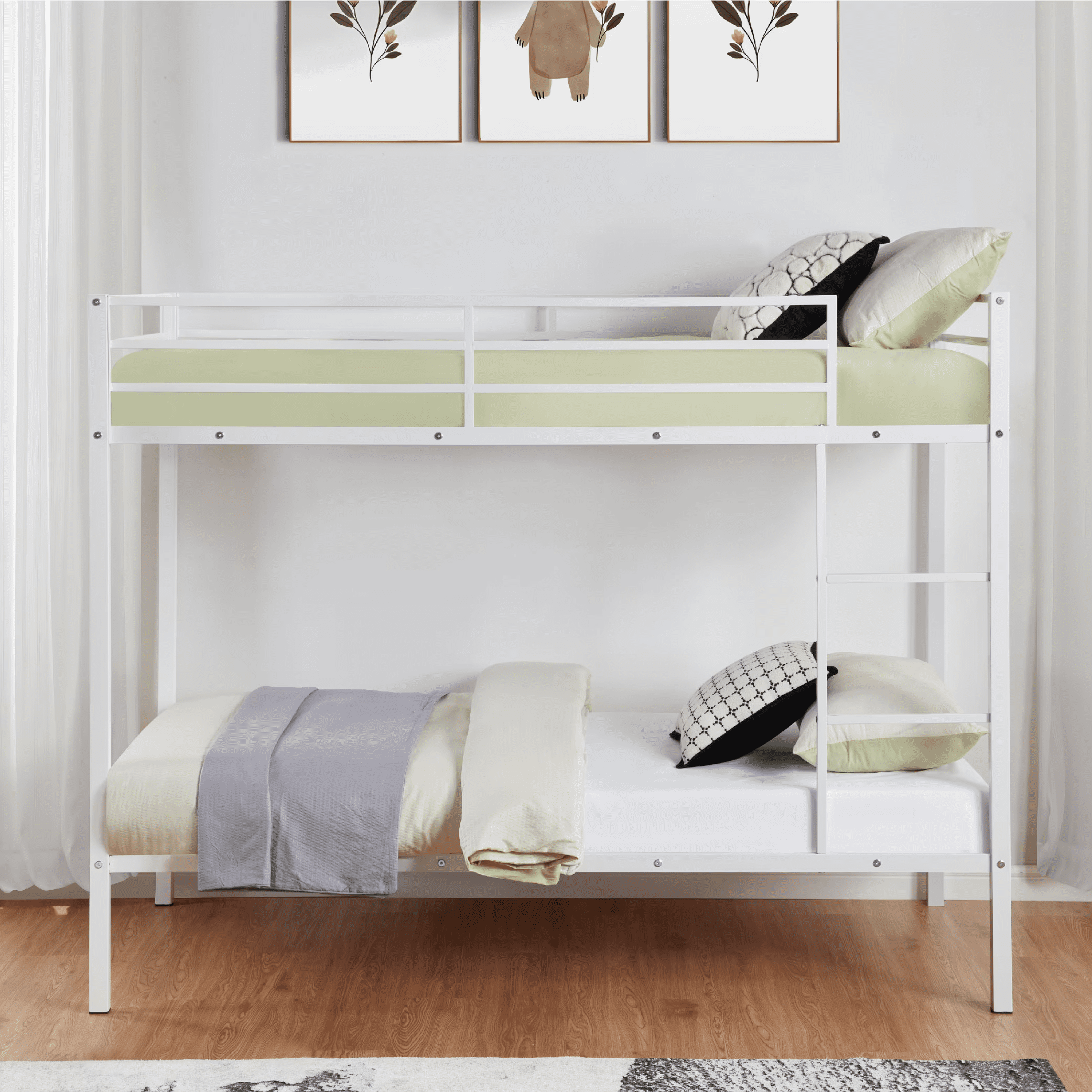 MAYEERTY Twin Size Metal Bunk Bed, Low Profile Bed Frame with Built-in Ladder, High Guardrail, Space-Saving for Kids, No Box Spring Required, White