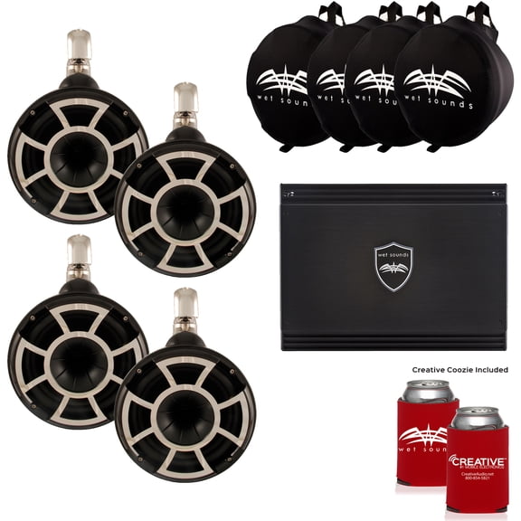 Wet Sounds Two Pairs of  Black REV 10 Fixed Clamp Tower Speakers with Wet Sounds Suitz speaker Covers & SD2 Amplifier