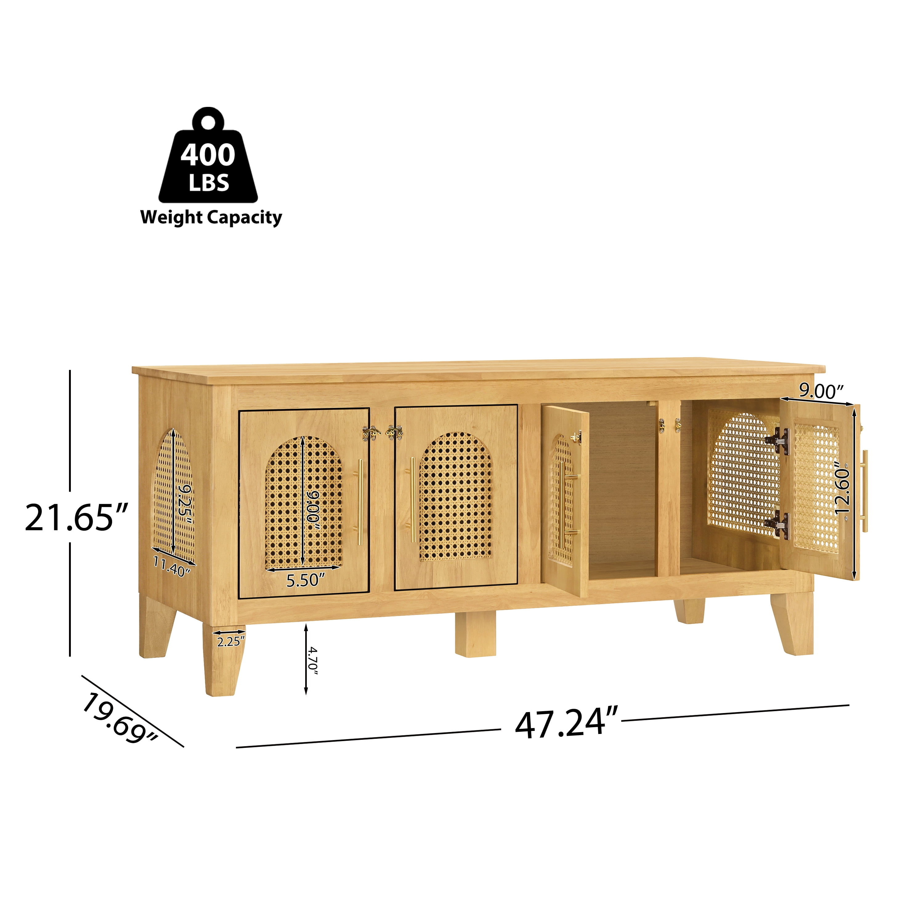 Indoor Rattan Decorated Rubber Wood Dog Crate Cabinet, Pet Kennel with Storage & 4 Doors for Living Room