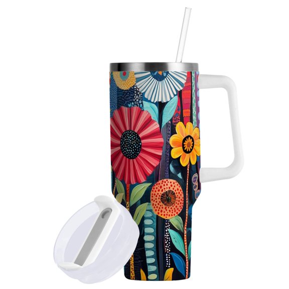 Yayeee 40oz Double-Wall Insulated Stainless Steel Tumbler with Handle Bottle, Orange Colorful Flowers