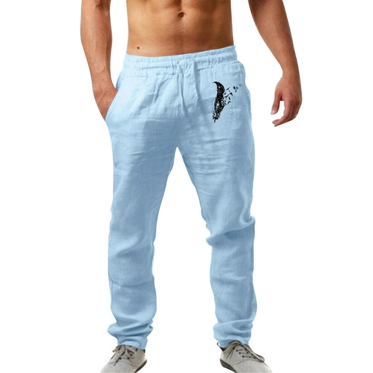 Light Blue Pants For Men Mens Fashion Casual Printed Linen Pocket