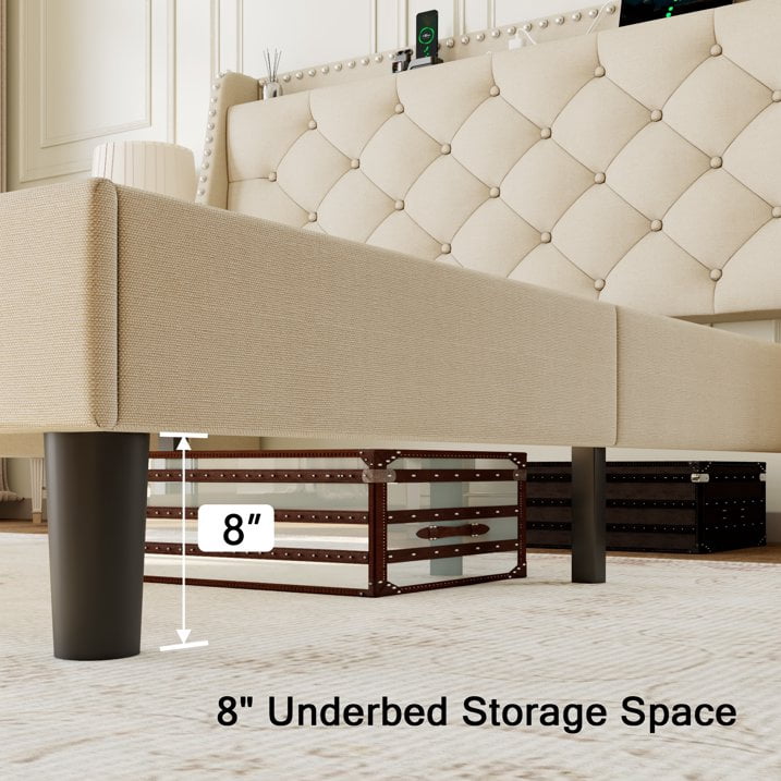 AENKYO King Size Platform Bed with Fast Charging Station, Storage Wingback Headboard, No Box Spring Needed, Beige