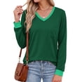 thumbnail image 2 of MOSHU Color Block T Shirts for Women V Neck Long Sleeve Womens Shirts Loose Fall Tops with Pocket, 2 of 10