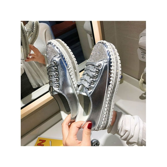 Woobling Women Flats Non-Slip Sneakers Lace Up Casual Shoes Lightweight Walking Shoe Womens Comfort Platform Silver 9