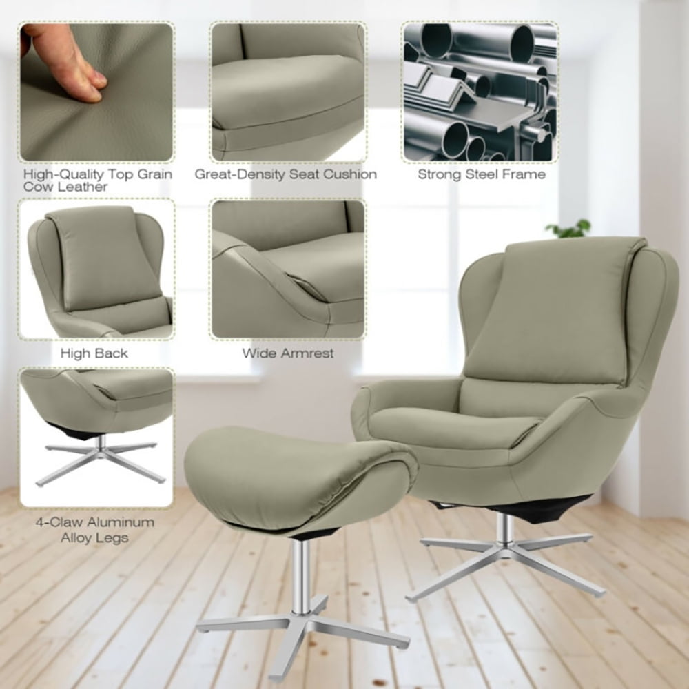 Finihen Leather Soft Upholstered Recliner with Ottoman Footrest, 360° Swivel Leather Lounge Chair with Ottoman and Aluminum Alloy Base, for Living Room, Bedroom, Gray Finihen Leather Soft Upholstered Recliner with Ottoman Footrest, 360° Swivel Leather Lounge Chair with Ottoman and Aluminum Alloy Base, for Living Room, Bedroom, Gray