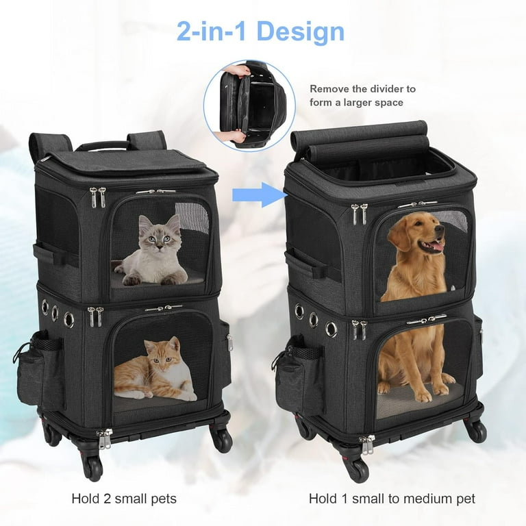 Double-Compartment Pet Carrier Backpack with Wheels for Small Cats