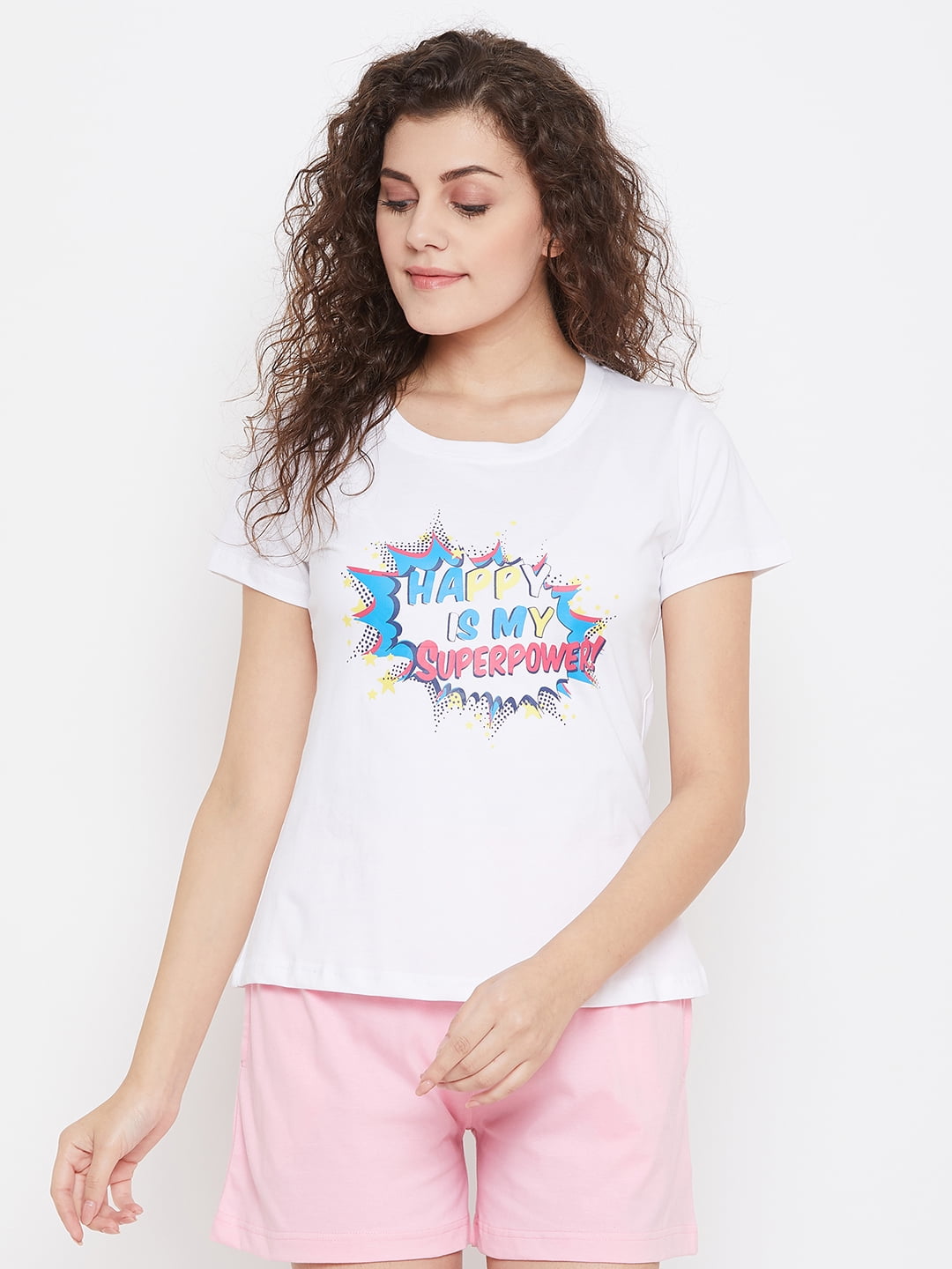 Clovia Happy Is My Superpower Top in Pink- Cotton Rich 