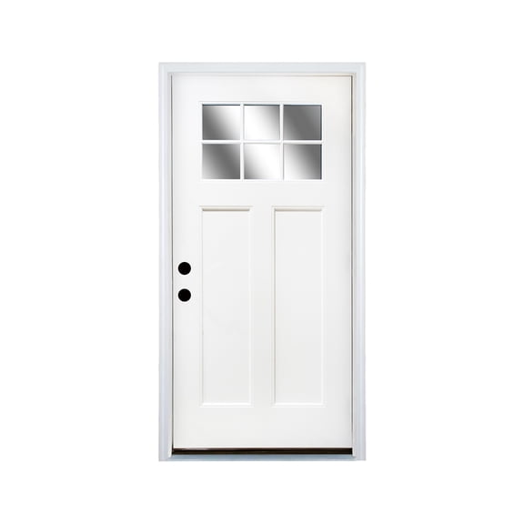 Fiberglass Entry Door, 36'' x 80" Door with Brickmould,4-9/16 Vinyl Frame,White Primed, Right Hand Inswing, Front Entry Knock-Down Door, 2-Panel Craftsman, 6-Lite Low-E Glass