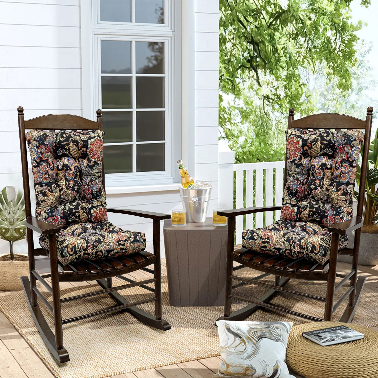 Eurhowing Outdoor Rocking Chair Cushions 2-Piece, Waterproof & Fade Resistant Patio Seat Pads, Non-Slip Replacement Cushions for Adirondack Chair, Black Flower, 1Pack