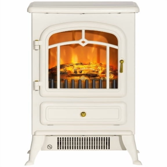 16" Freestanding Electric Fireplace, Indoor Fireplace with Realistic LED Flames and Logs, 725W/1450W, Beige