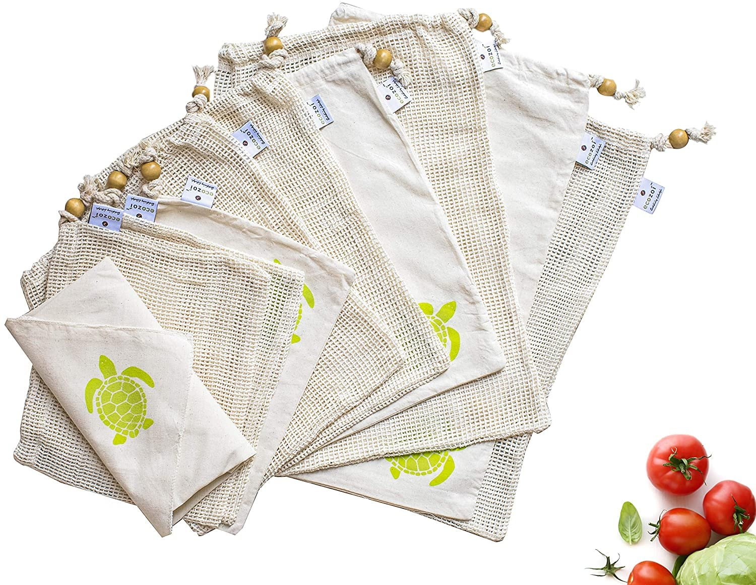 Ecozoi Reusable Produce Bags, 10 Piece Set 6 Mesh Bags,3 Muslin Bags