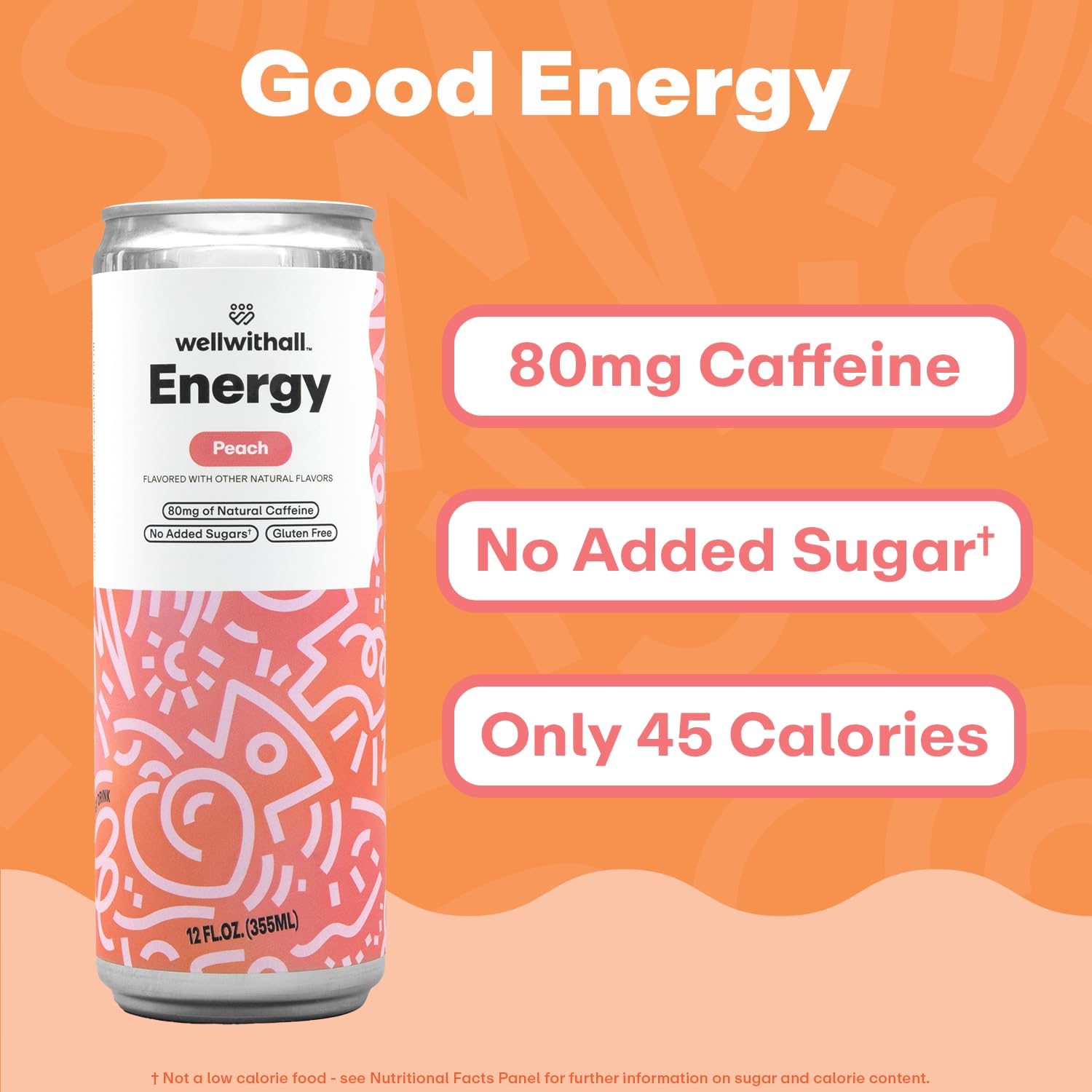 WellWithAll Energy Drink - Peach - Natural Caffeine - Lightly Sparkling 12 oz, 12 Pack