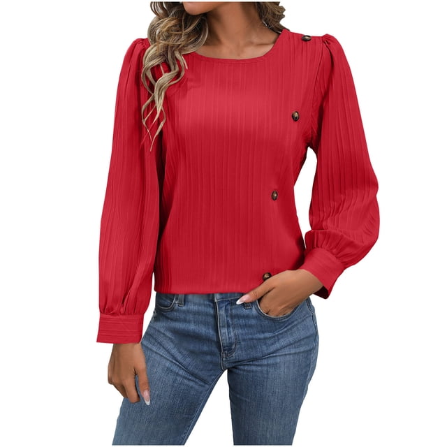 GigrtiJin Womens Fall Tops Button Decor Pullover Round-Neck Pleated Solid Color Blouses Going out Casual Trendy Shirts
