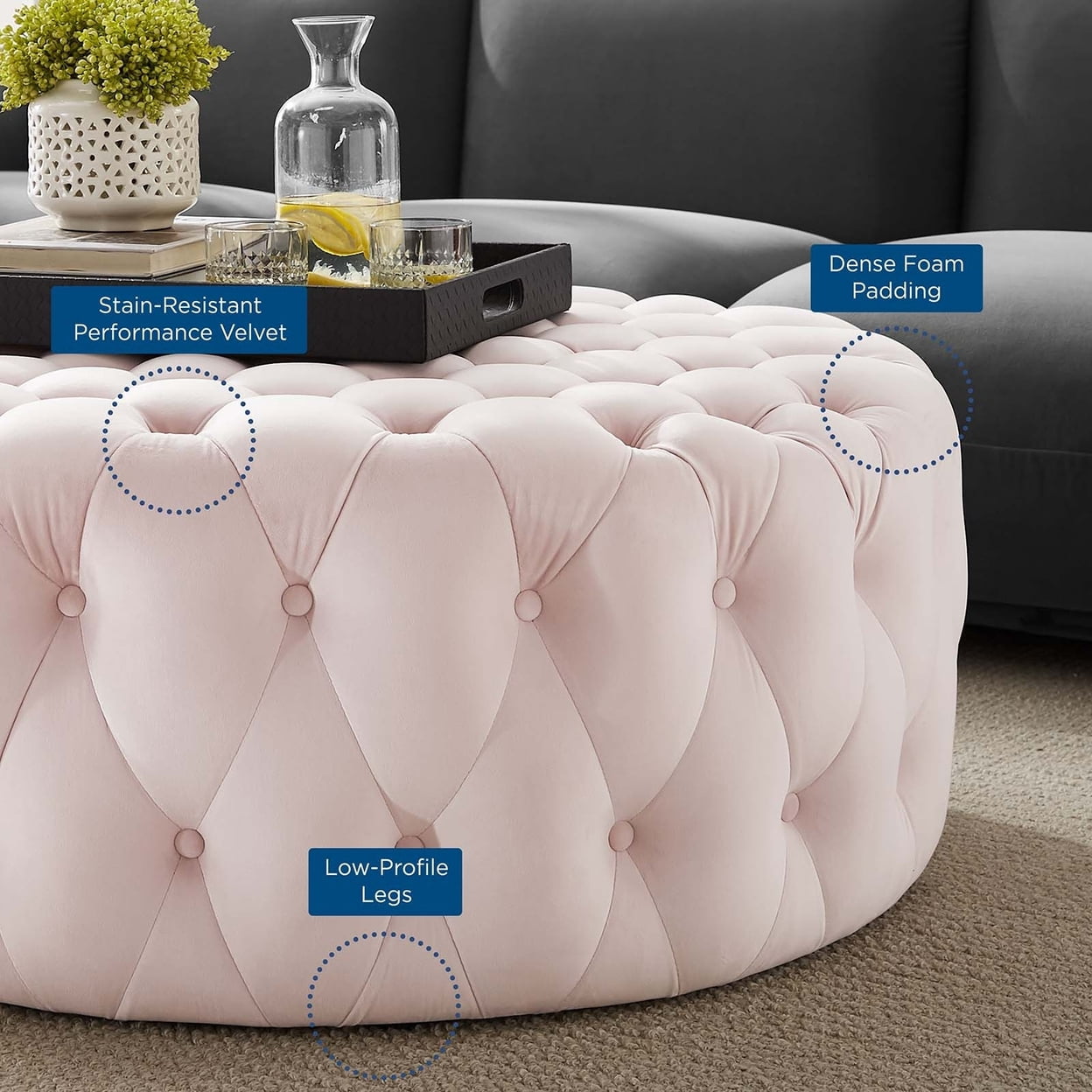 Modway Amour Modern Button Tufted Round Velvet Ottoman in Pink