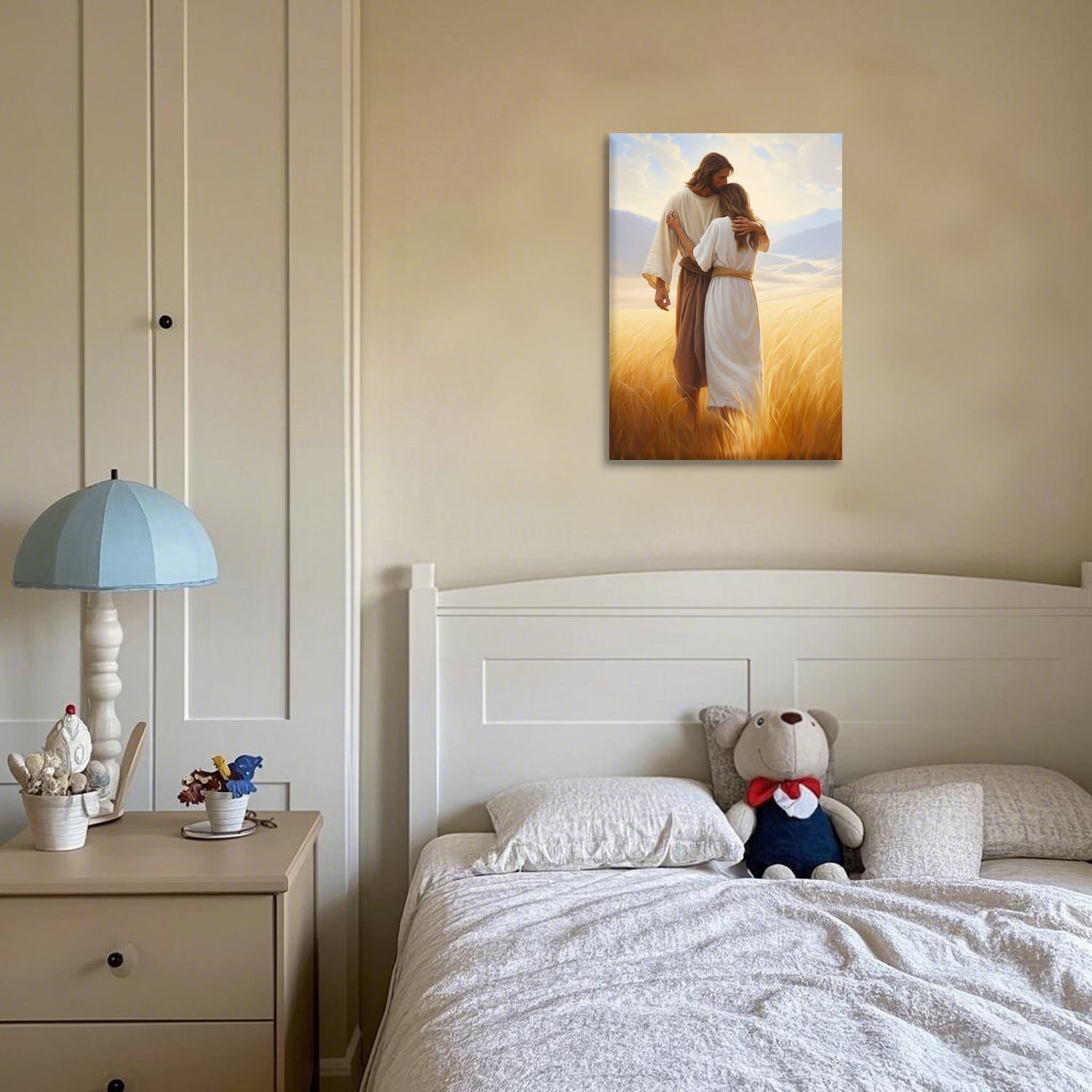 Framed Jesus Canvas Wall Art Jesus Embracing Woman Safe in His Arms Wall Decor Picture Christian Paintings Prints Jesus Christ Poster for Bedroom Living Room Dining Room Home Decoration
