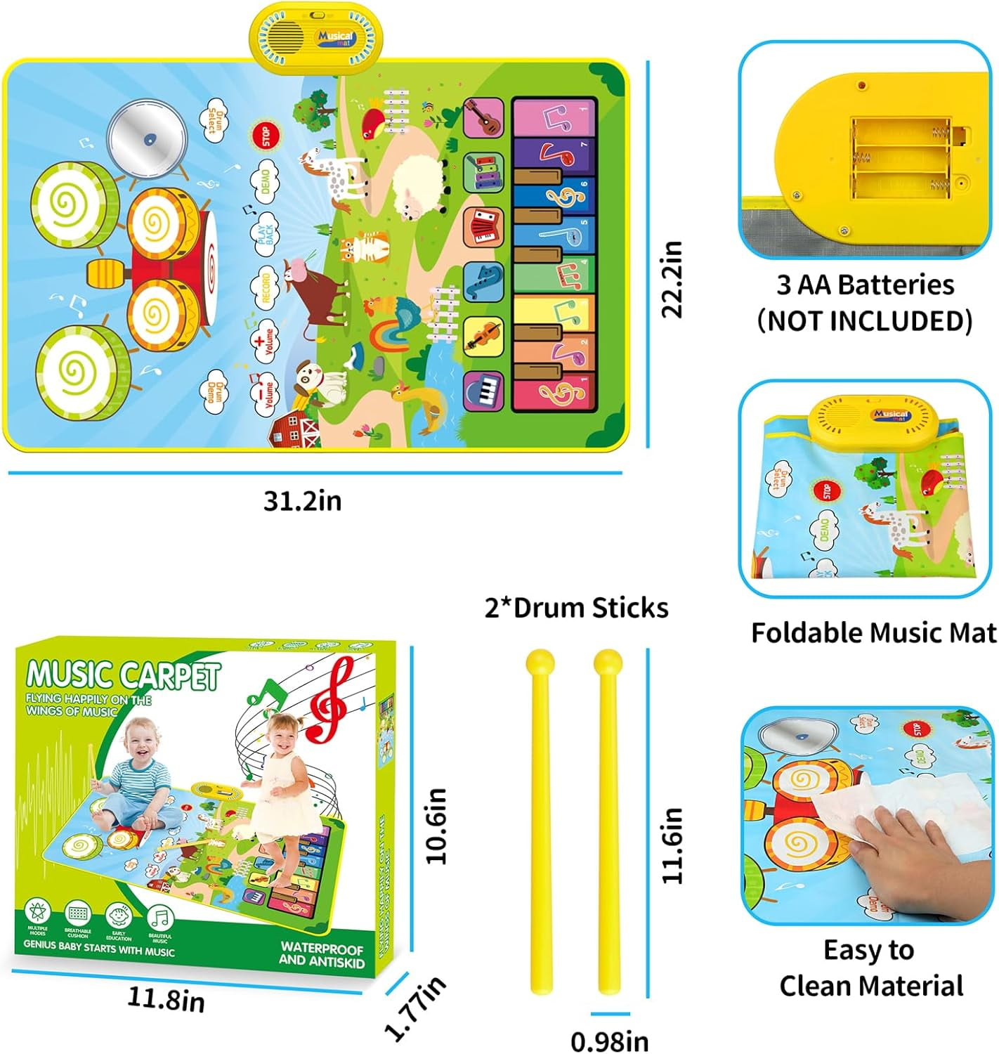 Faburo Baby Toys for 1 Year Old Boys Girls, 3 in 1 Musical Toys Toddler Piano & Drum Mat, Toys for Ages 1-5 ,Green