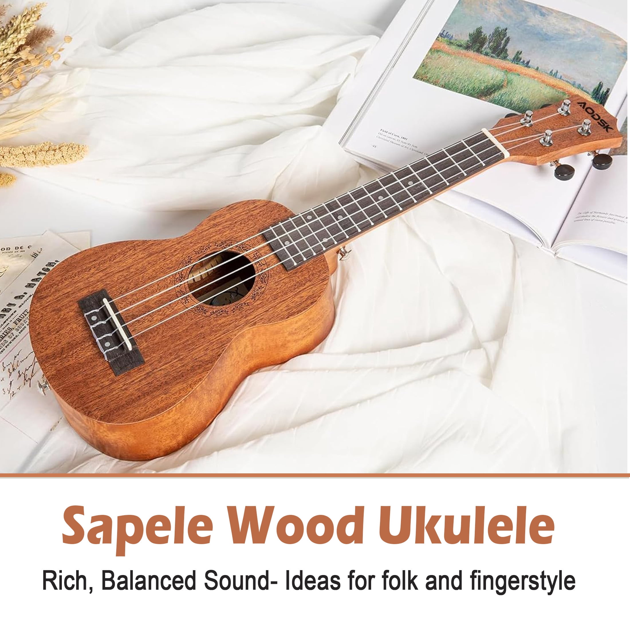 AODSK 23" Concert Ukulele Kit with Gig Bag, Strap, Extra Strings, Picks, Online Lesson, Ukelele Adult Beginner Series AUC-P06