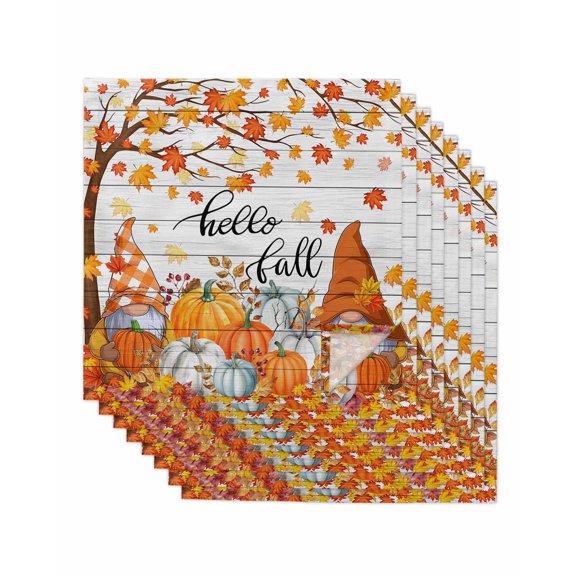 Orange Pumpkin Gnomes Fall Cloth Napkins Set of 8 Reusable Dinner Napkins, Branches Thanksgiving Leaves Wooden Cocktail Napkin Washable Table Napkins for Wedding/Holiday Party/Baby Shower 20"x20"