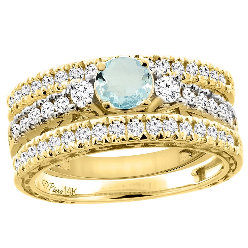 14K Yellow Gold Diamond Natural Aquamarine Engagement 3-pc Ring Set Engraved Round 6 mm, size 5.5 by Gabriella Gold