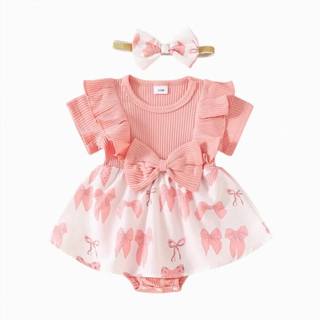 CAICJ98 Baby Girl Summer Clothes Newborn Romper Dress Ruffle Short Sleeve Onesie Jumpsuit Outfits with Bow Headband (Pink 6-12 Months）