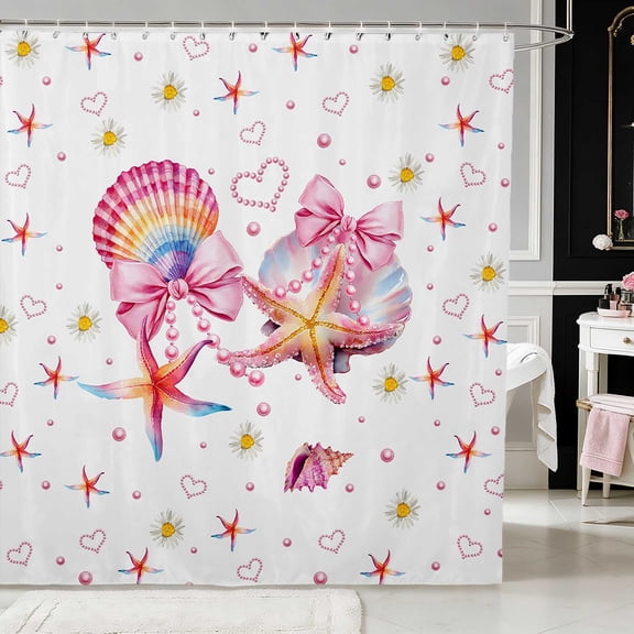 Erosebridal Ocean Rainbow Shell Bow Shower Curtain 72Wx72L for Girls, Beach Pearl Daisy Floral Waterproof Bathroom Curtain
