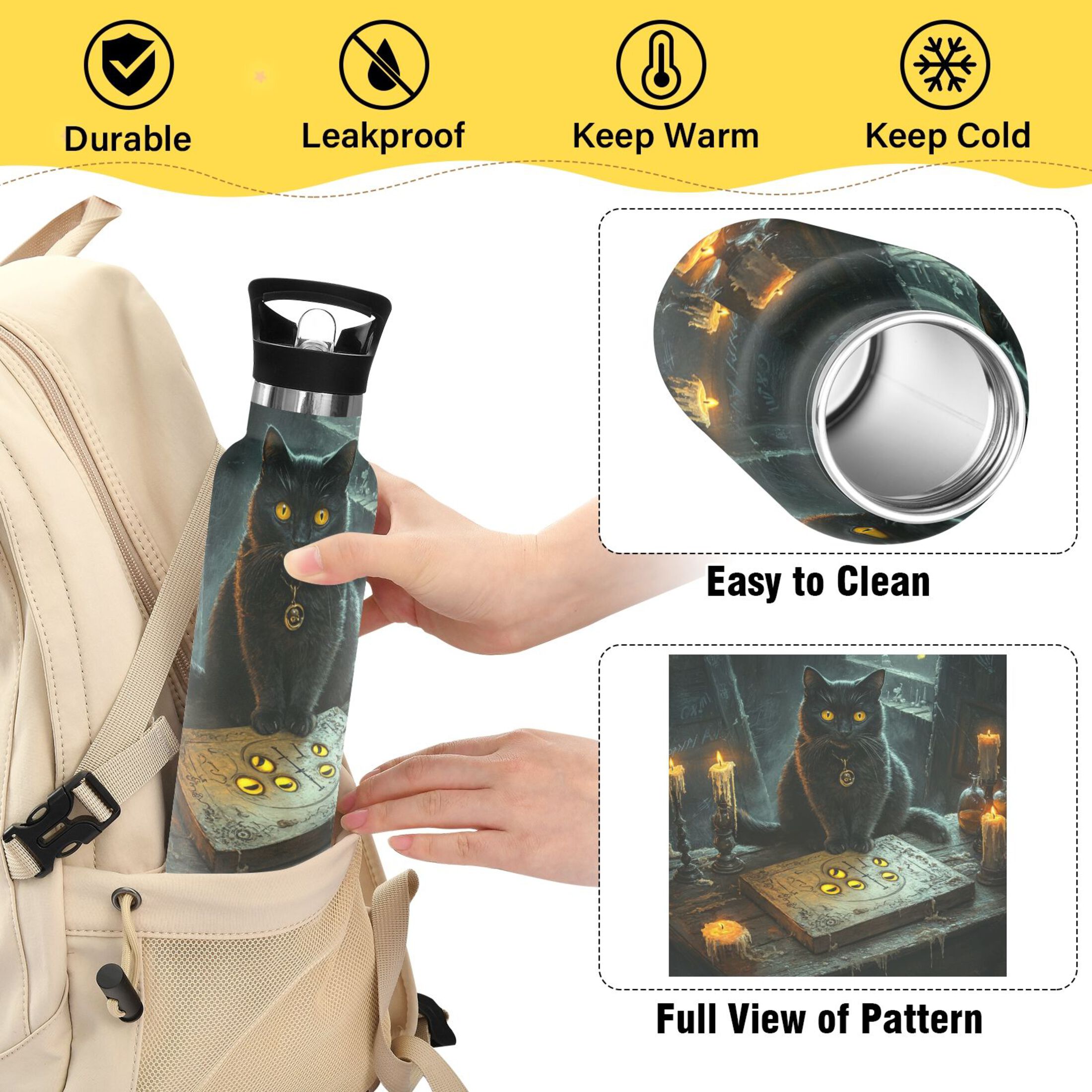 600ML Stainless Steel Insulated Cup Sports Water Bottle Portable Thermos Cup Water Glasses Insulated Tumblers Convenient and Durable Classical Black Cat