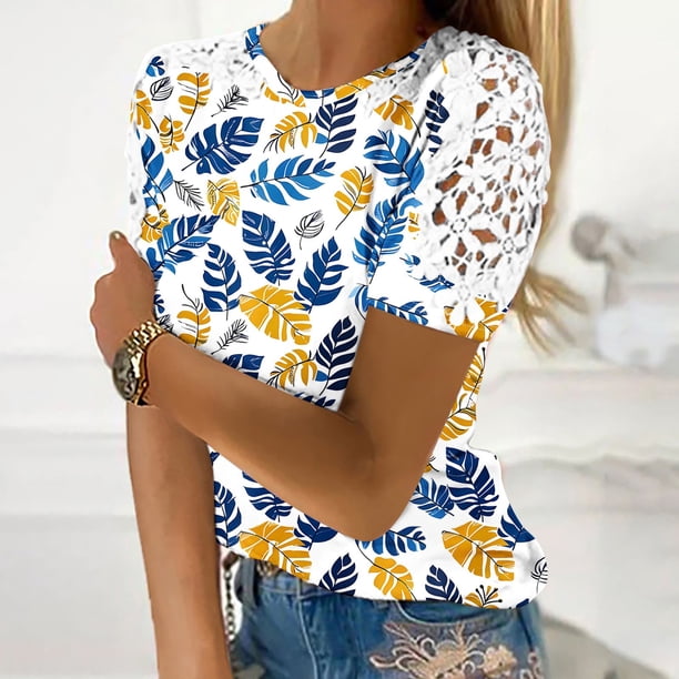 Puntoco Liquidación de blusas cortas para mujer, blusas con cuello redondo y manga corta con estampado para mujer