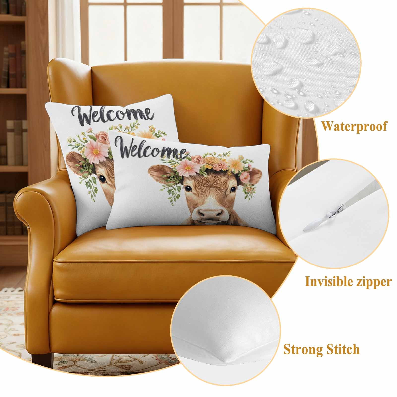 Cute Cow Pillow Covers 2 Pack Welcome Pillowcase Waterproof Outdoor Throw Pillow Cover for Patio Garden Square Cushion 20”x20”