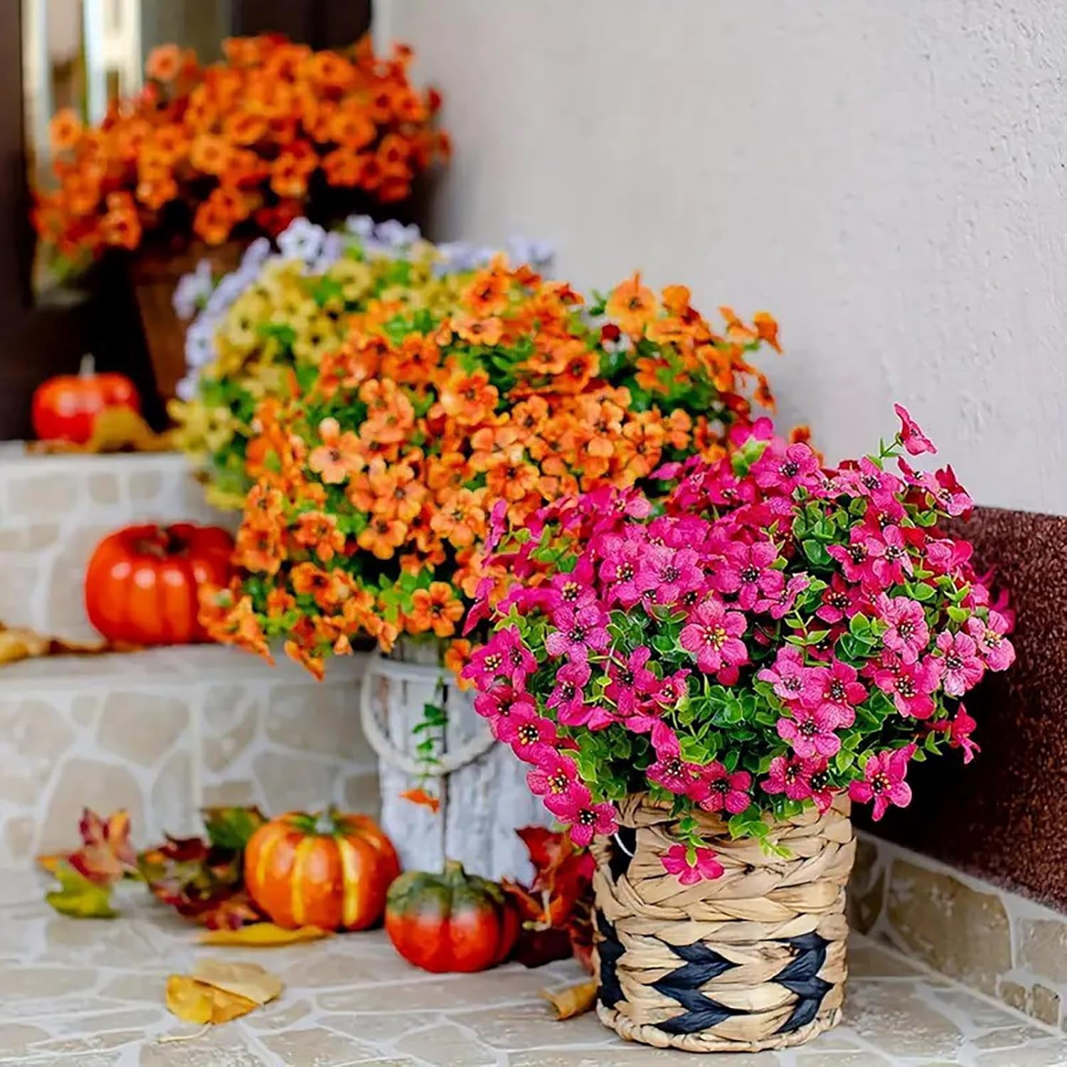 ZOELNIC 12 Bundles Artificial Fake Flowers Outdoors, Realistic UV Resistant Faux Plants with Silk Flowers for Outside Planters Window Box Front Porch Summer Decoration
