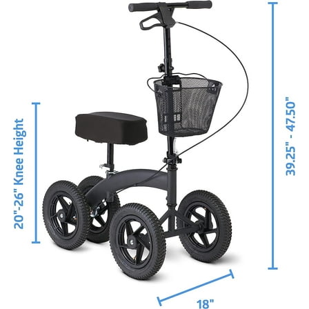 Medline All-Terrain Knee Walker Scooter with Removable Front Basket, Black, 350 lb Limit