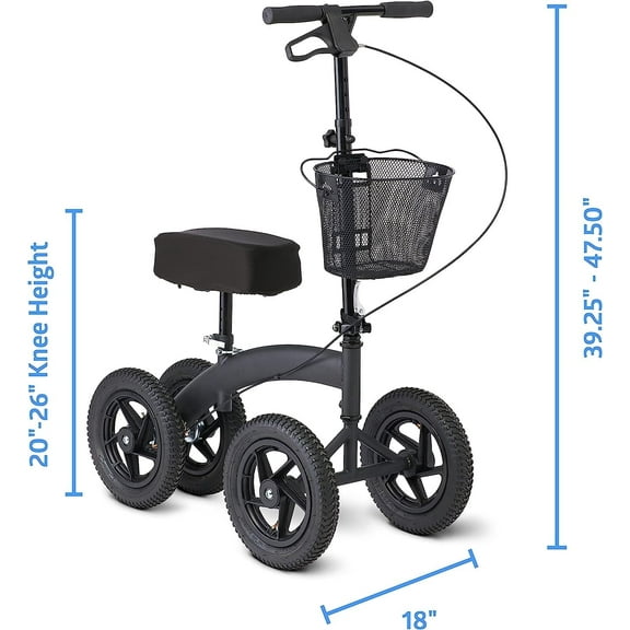 Medline All-Terrain Knee Walker Scooter with Removable Front Basket, Black, 350 lb Limit