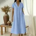 thumbnail image 2 of Laqbezok Women's Casual V-Neck Long Dress, Short Sleeve Solid Color Loose A-Line Gown, Soft Breathable Summer Dress with Side Pockets, 2 of 8