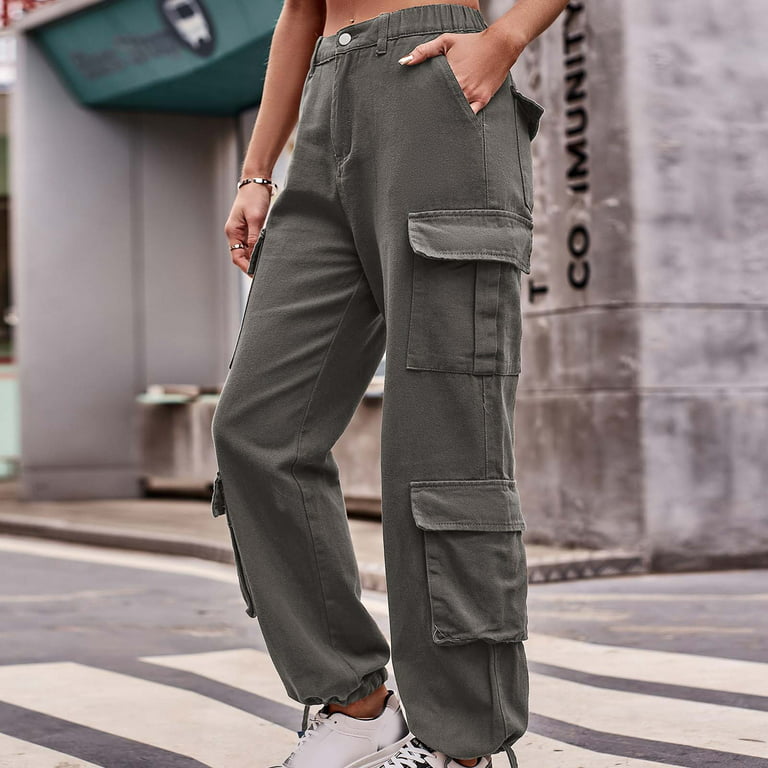 Guzom Work Pants for Women- Summer Casual With Pockets Slim Fit Mid-Waist  Short Sleeve Cargo Pants Gray Size L