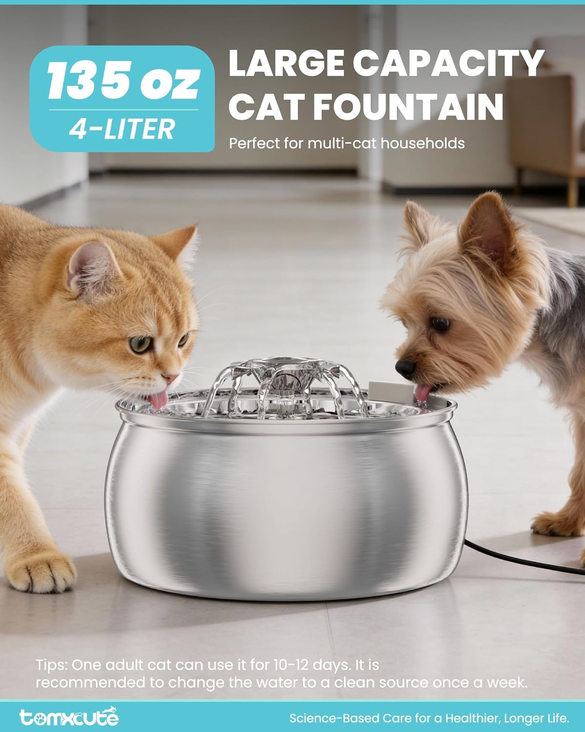 Stainless Steel Cat Water Fountain: 4L Large Capacity, Dual-Mode Flow, Ultra-Quiet Pump with Filter for Multiple Pets Indoor