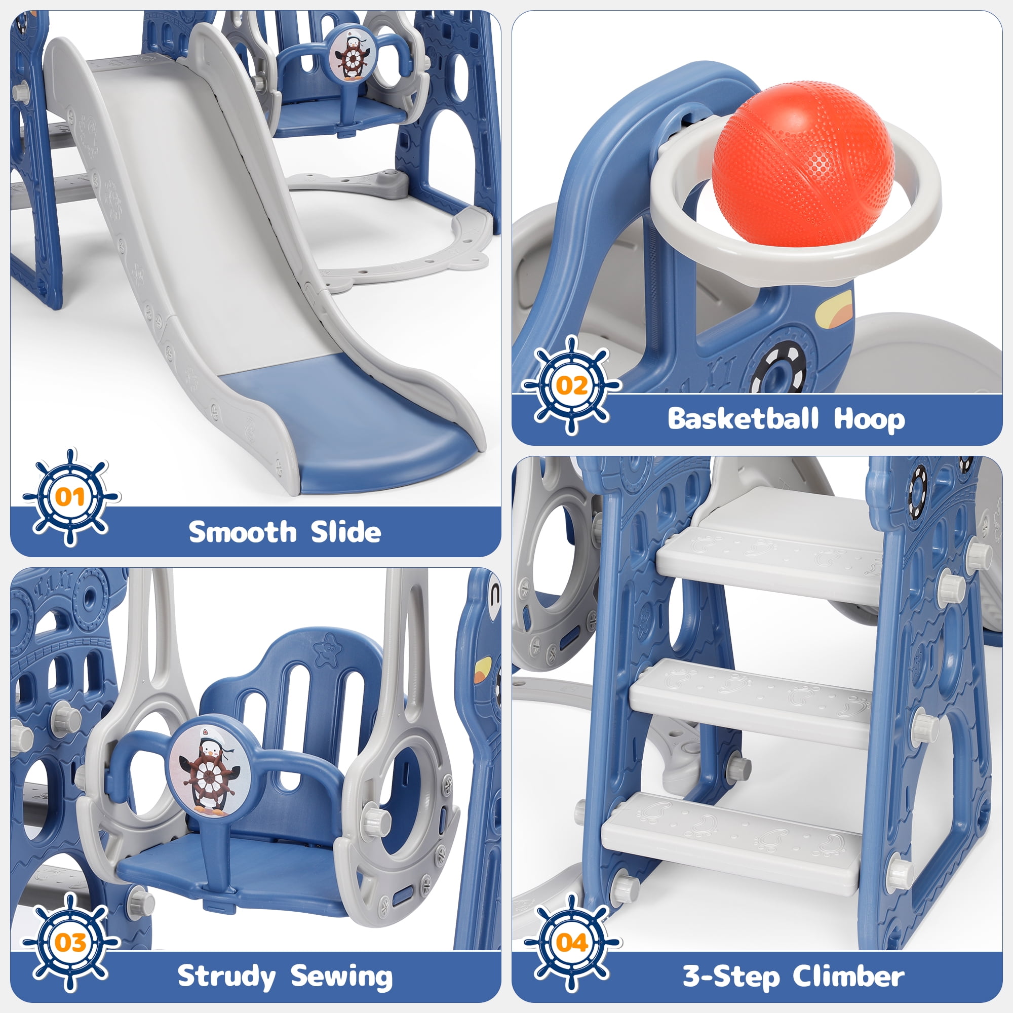 Easoger 4 in 1 Toddler Swing and Slide Unisex Child & Teen Swing Sets, Blue, 110 lb