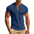 thumbnail image 6 of Men's Waffle Knit Lace up Henley T-Shirt, Short Sleeve Casual Summer Stand up Collar Top Navy, 6 of 9