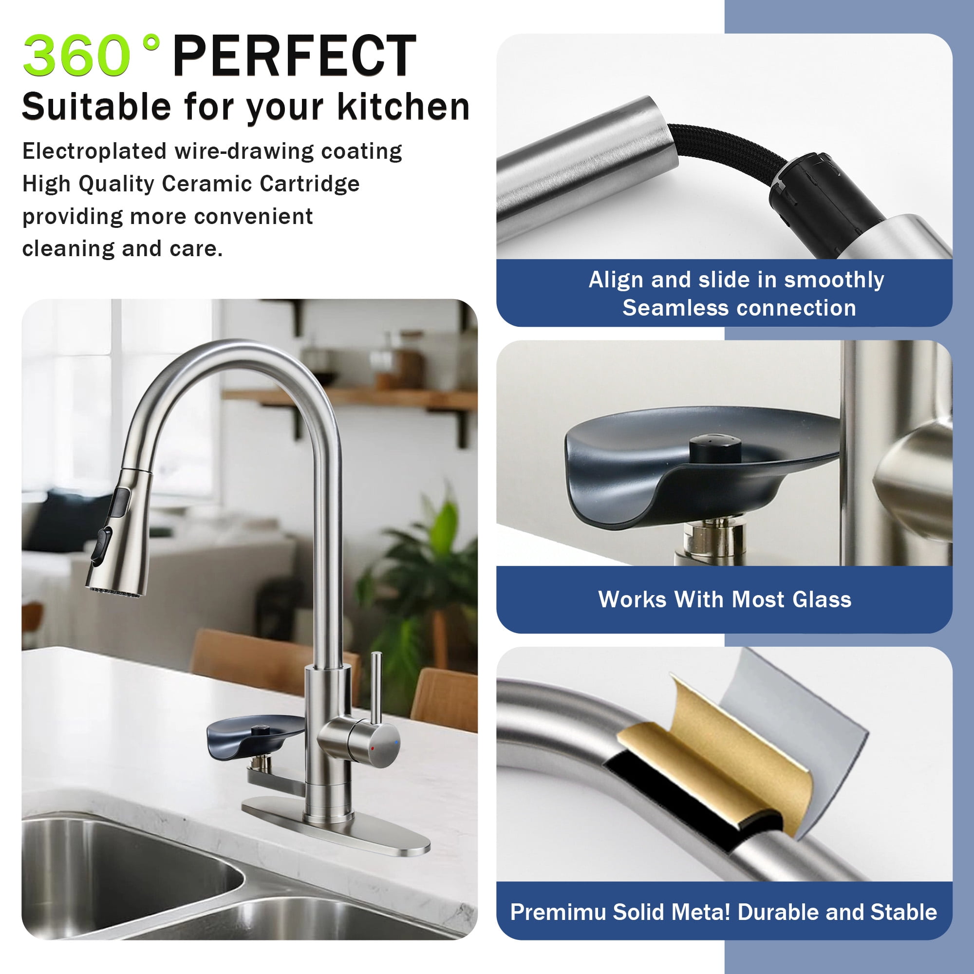 SUNRINX 3-in-1 Kitchen Faucet with LED Temperature Display and Glass Rinser, Brushed Nickel