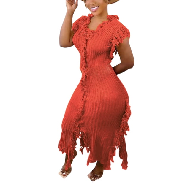 Gspmoly Robe d'Été, Robe Décontractée pour Femmes, Mode Aguichant, Passe-Partout, Couleur Unie, Tricotée, Sans Manches, à Franges, Robe de Cocktail, Offres Prime