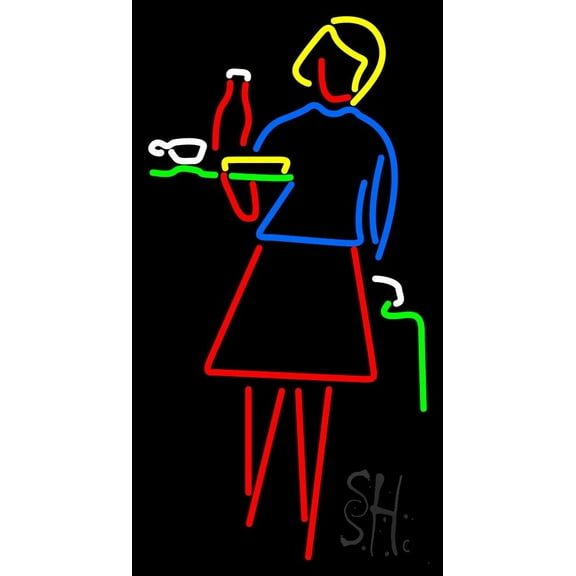 Girl Holding Tray Restaurant LED Neon Sign 20 x 37 - inches, Black Square Cut Acrylic Backing, with Dimmer - Bright and Premium built indoor LED Neon Sign for restaurant window and interior decor.